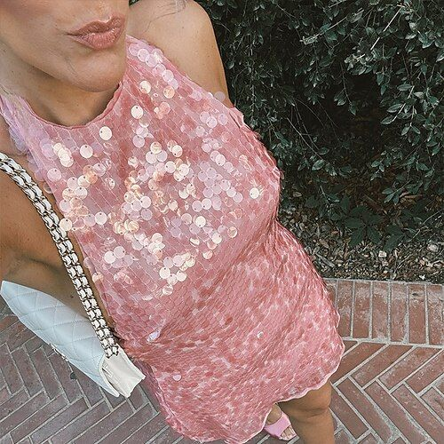 Pretty Pink Halter Sheath Sequin Cocktail Dress Formal Graduation Homecoming Dress Y9699