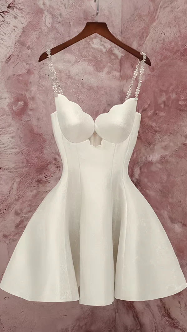 Elegant Spaghetti Straps Satin A Line White Homecoming Dress 16th Birthday Outfits Y9814