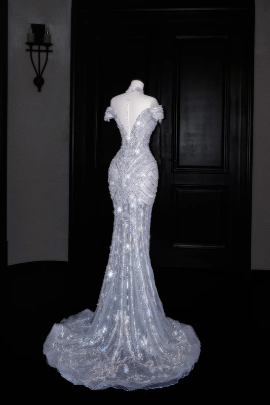 Glitter Off The SHoulder Tulle Sequin Beaded Evening Dress,Mermaid Prom Dress Wedding Dress Y8685