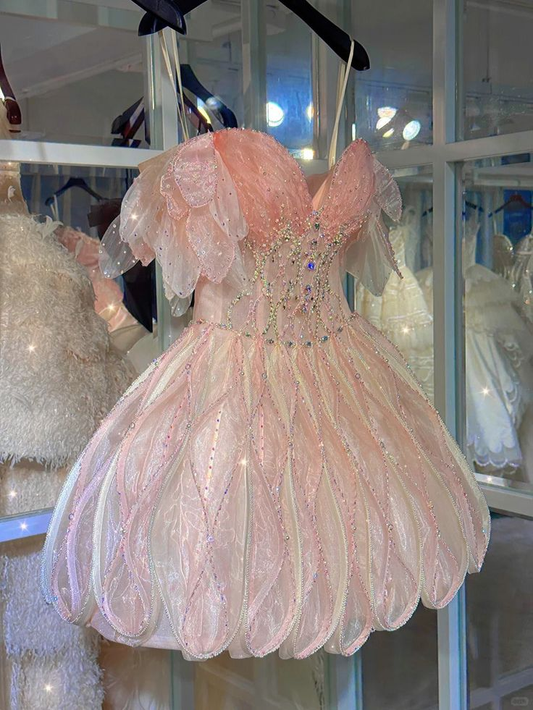 Sparkly Sweetheart Neck Pink Beaded Sling Petal Skirt Princess 17th Birthday Dress Homecoming Dress Y9212