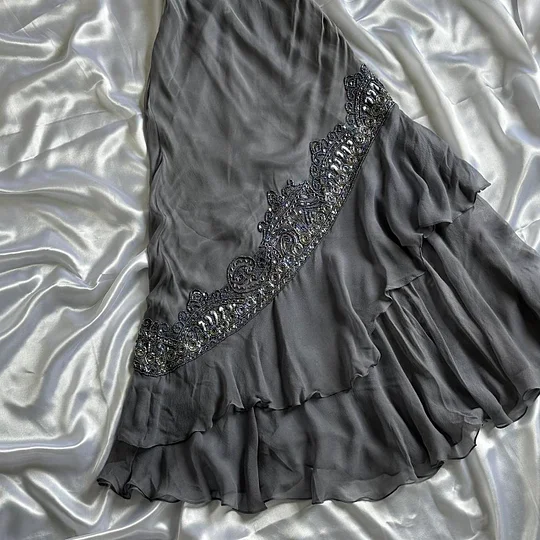 Vintage Spaghetti Straps Grey Chiffon Beaded Mermaid Evening Dress Long Prom Dress Y9739