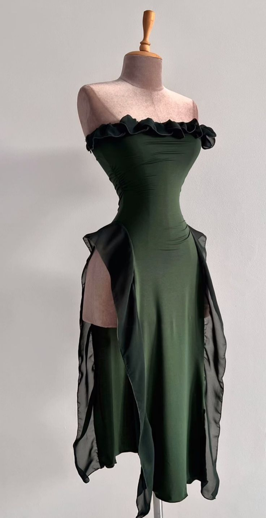 Vintage Green Strapless Ruffle Sheath High Slit Graduation Homecoming Dress Sexy Cocktail Dress Y9268