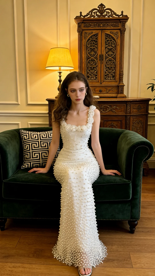 Glamorous Spaghetti Straps Tulle Pearls Beaded Mermaid Long Prom Dress White Birthday Party Gown SP2060