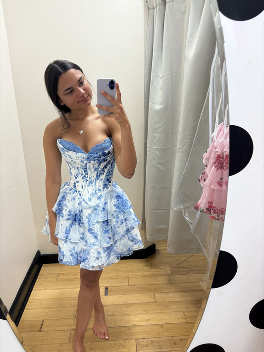 Elegant A Line Sweetheart Blue Chiffon Floral Ruffle Homecoming Dress Short 18th Birthday Outfits Y9357