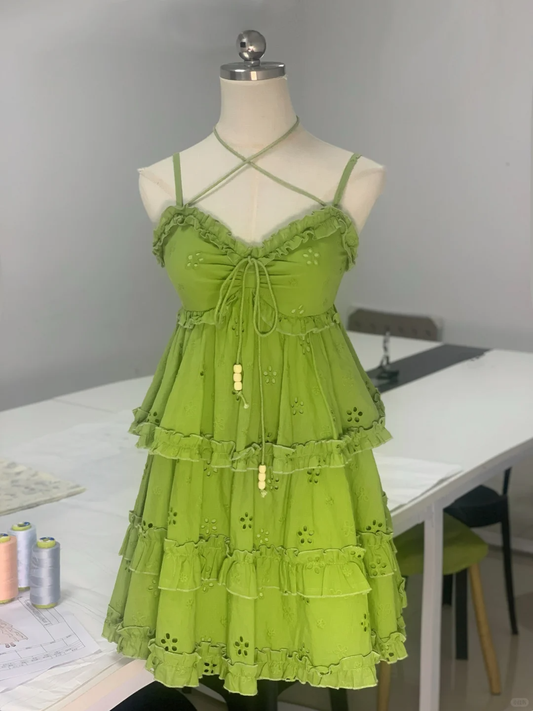 Chic Green Spaghetti Strap V Neck Layered Short Cocktail Dress Formal Homecoming Dress Y9156