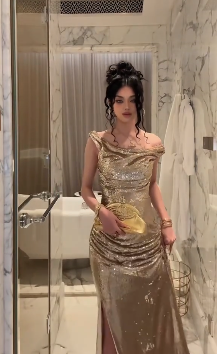 Champagne Off The Sequins Mermaid Prom Dress,Slit Long Prom Dress Y8340