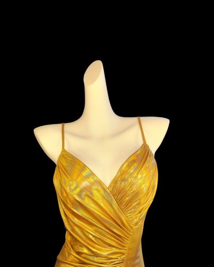 Gorgeous Spaghetti Straps Gold Satin Pleated Mermaid Prom Dress Slit Long Party Gown SP347