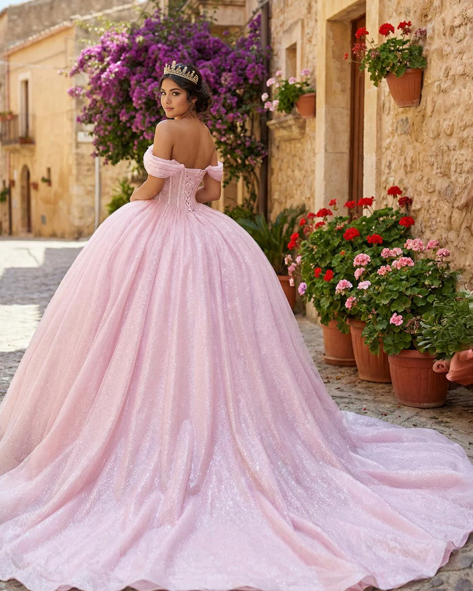 Glitter Off The Shoulder Pink Ball Gown,Pink Sweet 16 Dress,Pink Princess Dress Y7002