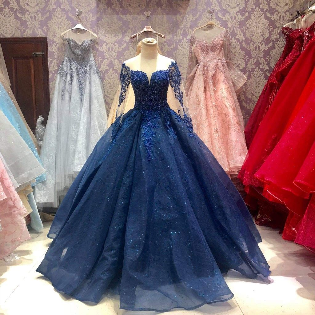 Elegant Floral Flowers Patterned Ball Gown Long Sleeve Prom Party Illusion Y4439