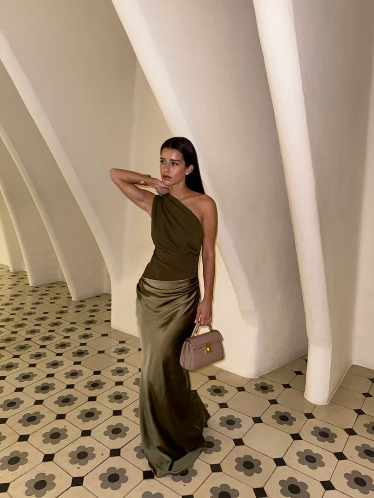 Vintage Olive Green One Shoulder Satin Mermaid Evening Dress Long Wedding Guest Dress SP742