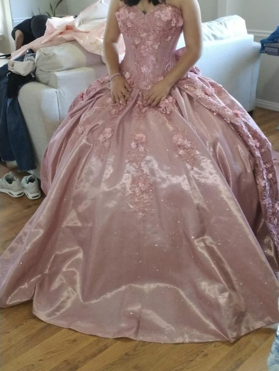 Pretty Pink Sweetheart Neck Satin Sequin Appliques Long Party Dress Birthday Prom Gown SP991