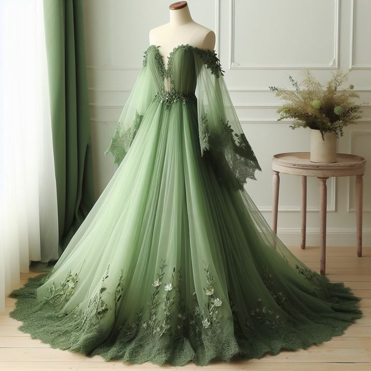 Unique Off The Shoulder Tulle Lace Applique Evening Dress,Green Long Prom Dress Y8395