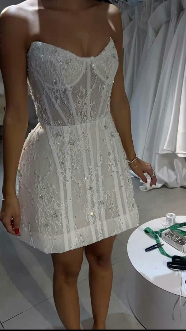 Elegant Strapless White Lace Beaded A Line Short 19th Birthday Outfits Formal Homecoming Dress Y9672