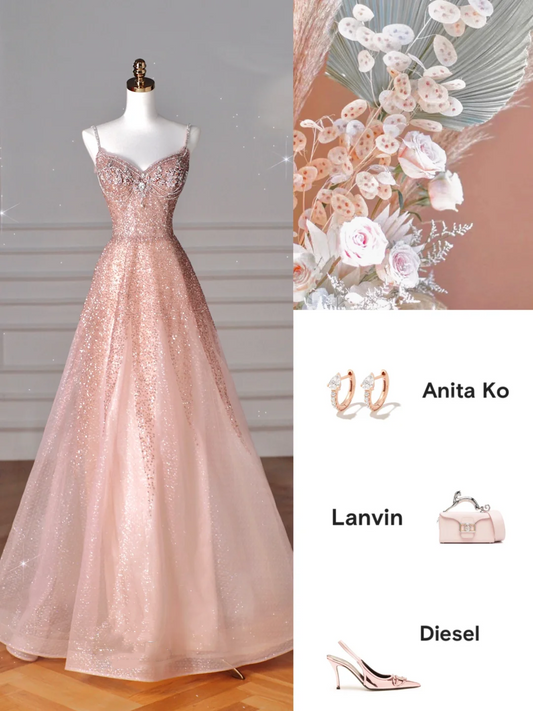 Glitter Pink Tulle Sequins Beaded Prom Dress,Spaghetti Straps A Line Evening Dress Y8619