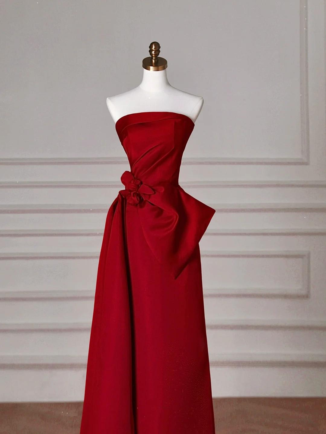Elegant Red Satin Strapless Prom Dress,A Line Formal Evening Dress Y8624