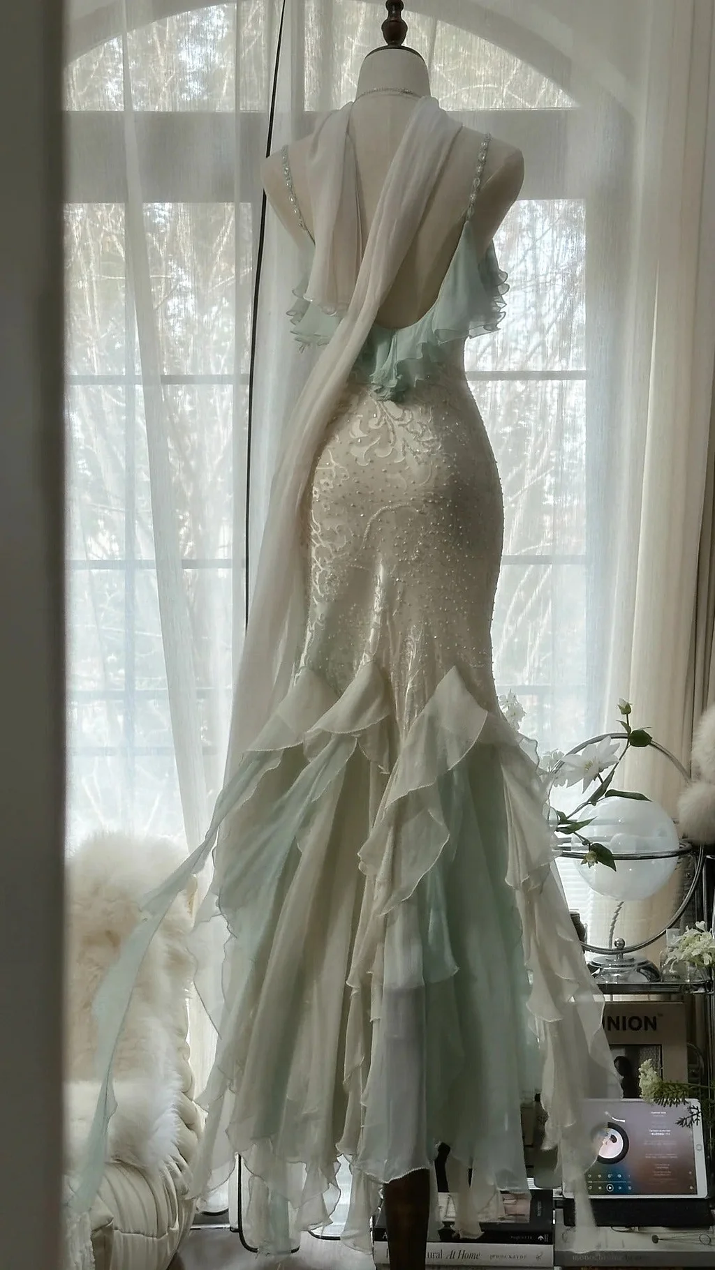 Elegant Green Chiffon Beaded Mermaid Prom Dress Long Party Gowns Y9731