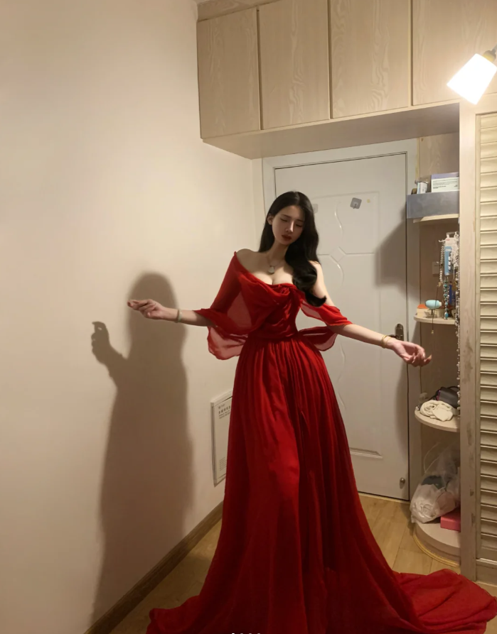 Pretty Red Off The Shoulder Chiffon Long Party Dress Formal Guest Dress SP298