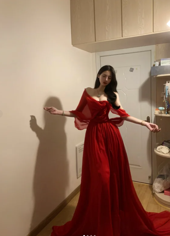 Pretty Red Off The Shoulder Chiffon Long Party Dress Formal Guest Dress SP298