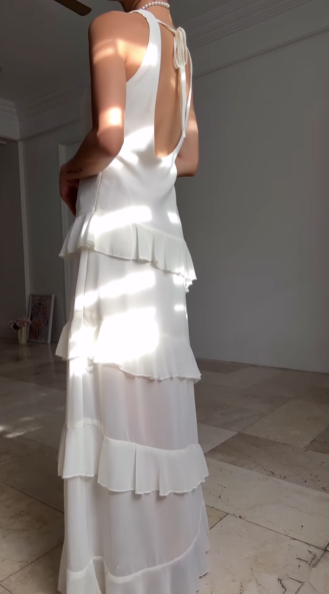 Simple White V Neck Chiffon Ruffle Prom Dress Backless Long Evening Dress Y8500