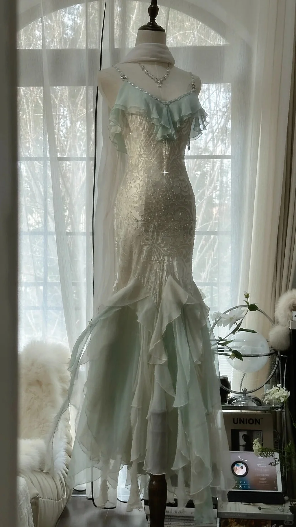 Elegant Green Chiffon Beaded Mermaid Prom Dress Long Party Gowns Y9731