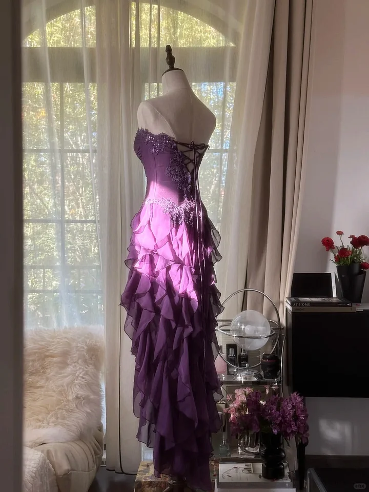 Vintage Purple Chiffon Appliques Long Evening Dress Formal Prom Dress Y9730