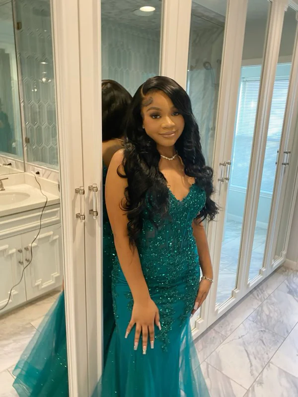Dark Green Mermaid Tulle Lace Prom Dress Winter Formal Gown Y4169