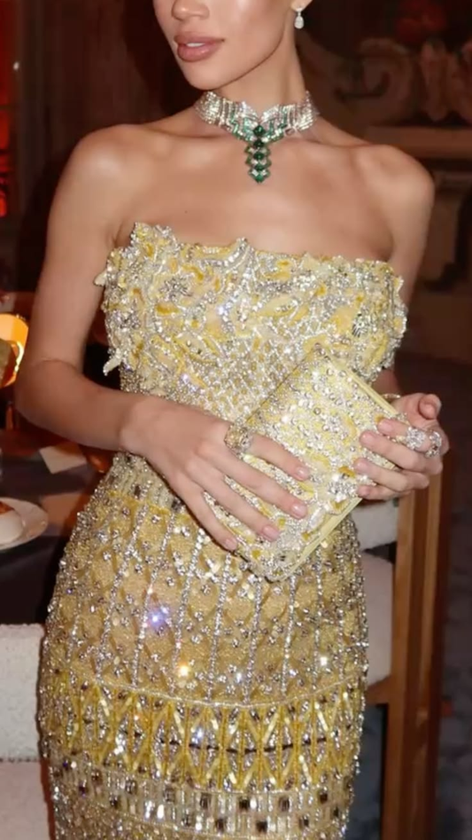 Luxurious Strapless Sequin Beaded Mermaid Long Party Dress Gold Long Prom Dress SP3658