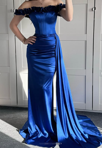 Blue Off The Shoulder Mermaid Evening Dress Formal Prom Dress Y7842