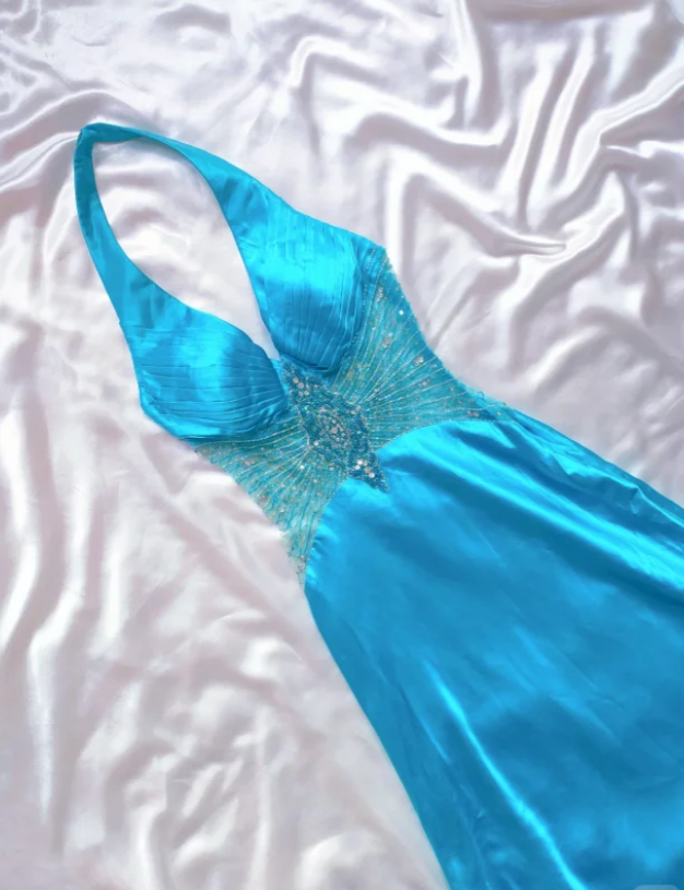 Elegant Halter Blue Satin Sequin Beaded Prom Dress Long Mermaid Party Dress SP413