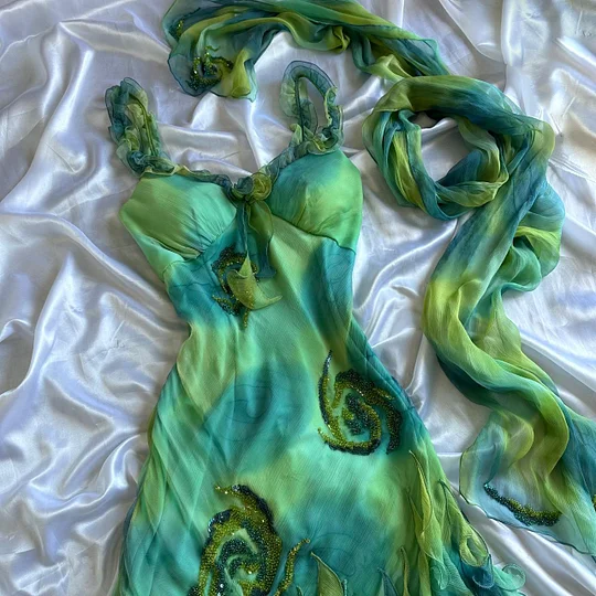 Unique Ombre Green Chiffon Ruffles Beaded Long Party Dress Evening Gowns Y9734