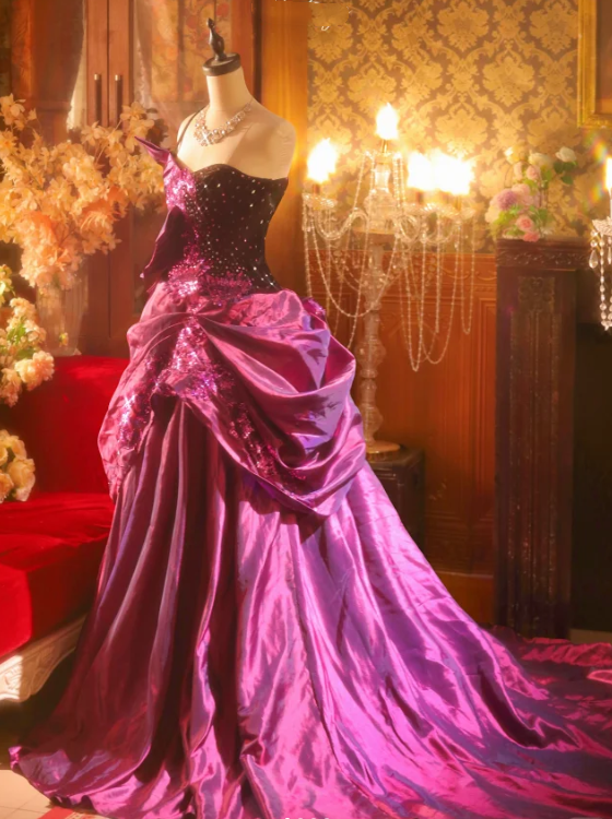 Gorgeous Hot Pink One Shoulder Satin Sequin Beaded Long Evening Dress Prom Gown SP324