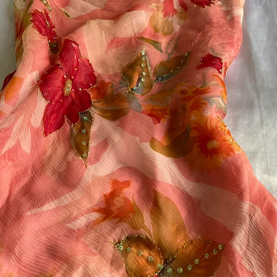 Pretty Spaghetti Straps Chiffon Printed Floral Beaded Long Party Dress Formal Evening Gown Y9740
