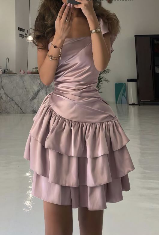 Elegant Purple Satin Layered Short Cocktail Dress Formal Short 7th Grade Homecoming Dress Y9254