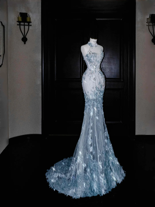 Dream Blue Tulle Sequins Appliques Mermaid Evening Dress,Long Prom Dress Y8673