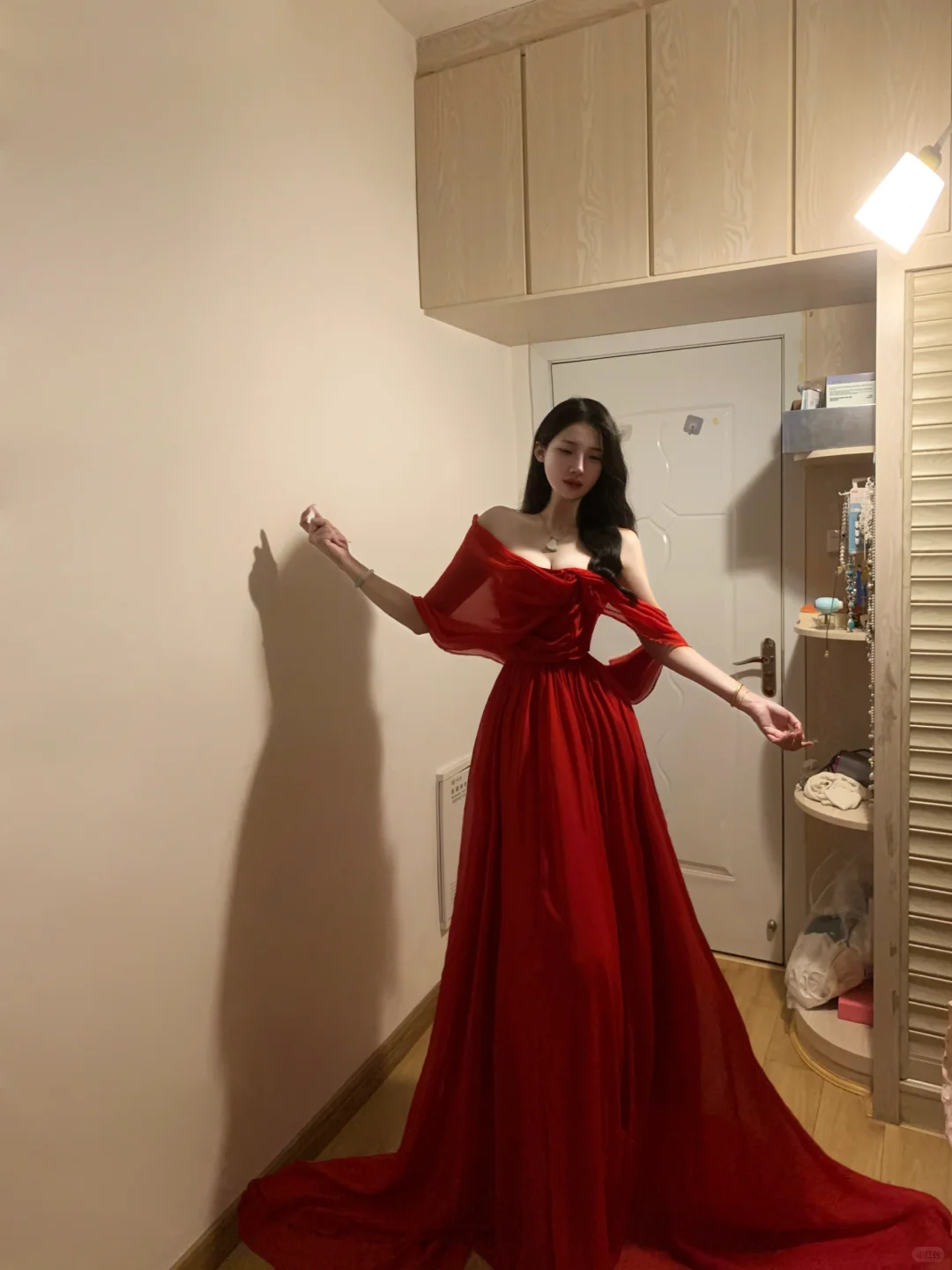 Pretty Red Off The Shoulder Chiffon Long Party Dress Formal Guest Dress SP298
