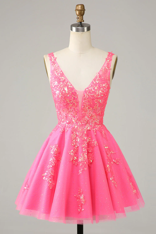 Fuchsia Sequined V Neck Backless Short Homecoming Dress  Y4093