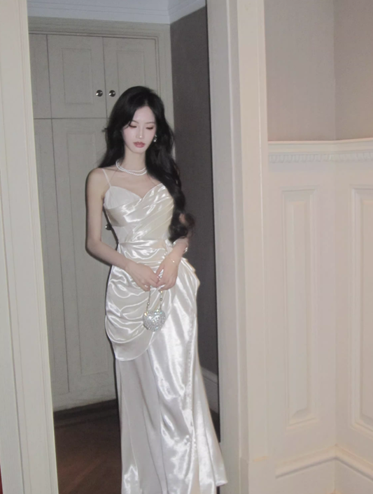 Charming White Spaghetti Straps White Satin Pleated Mermaid Long Party Dress Prom Gown SP1990
