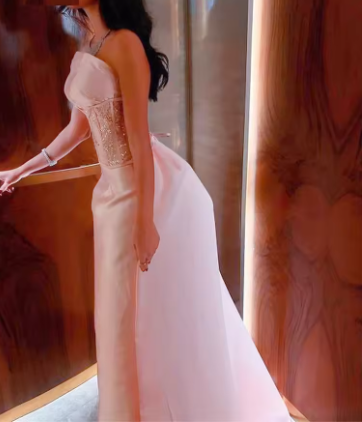Baby Pink Satin Strapless Saudi Arabia Corset Sparkly Sequins Dubai Evening Dress Formal Party Dress Y4887