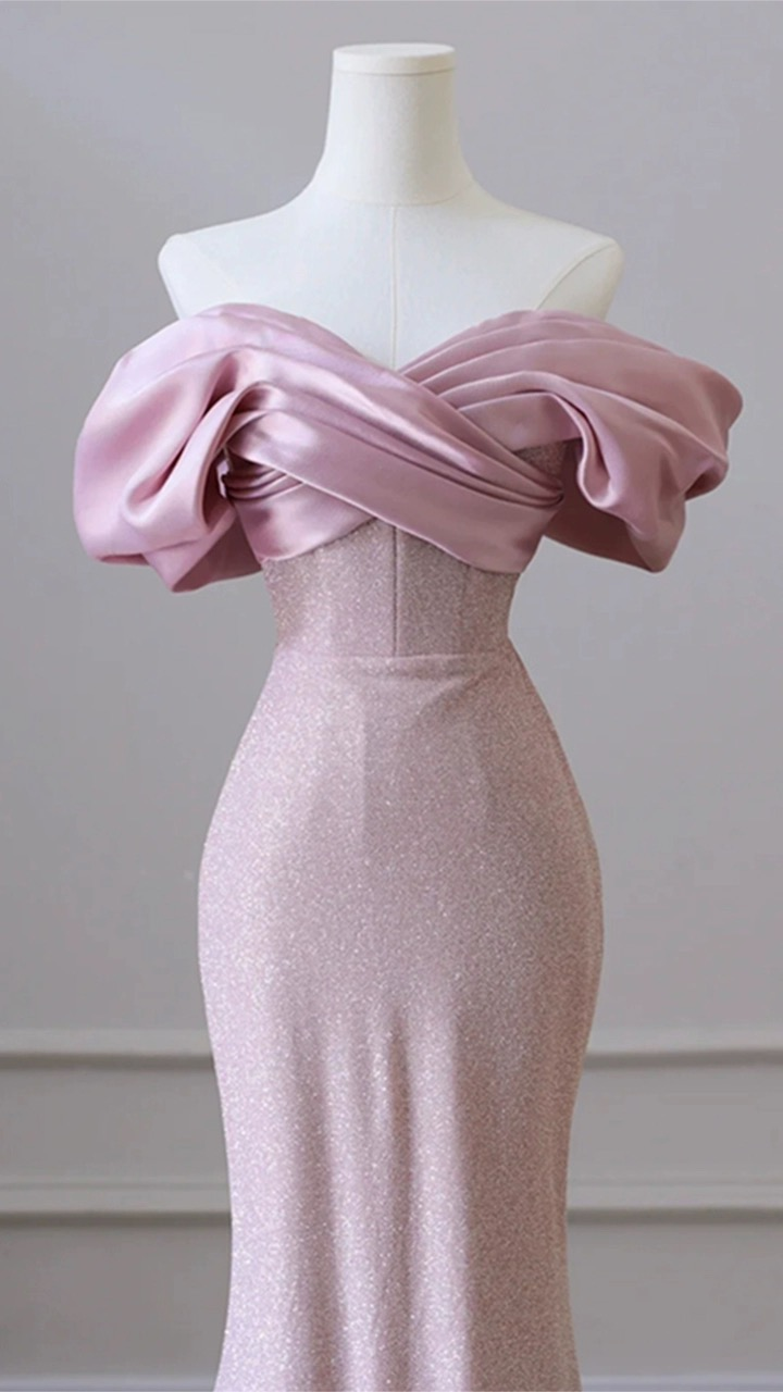 Flesh Pink Sequin Evening Gown Elegant Women's Off Shoulder Party Prom Evening Dress Y6963