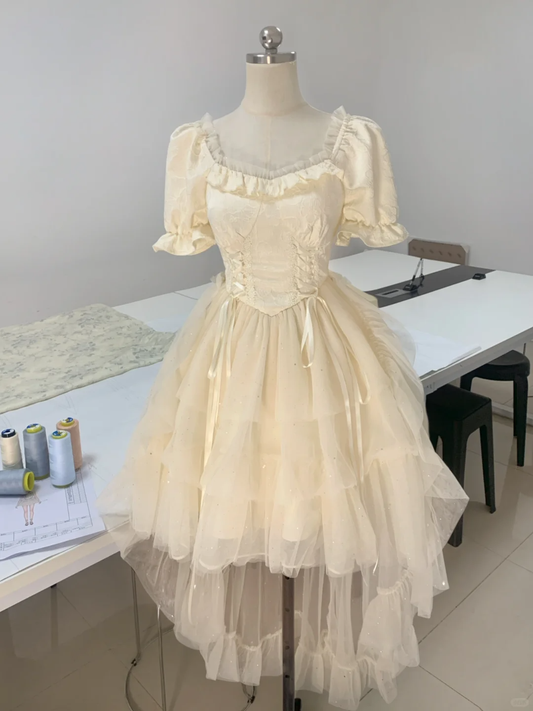 Elegant Beige Tulle Layered Hi-Low Short Formal Homecoming Dress Birthday Outfits Y9192