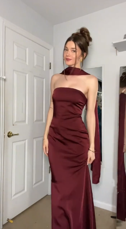 Classy Burgundy Satin Mermaid Long Prom Dress Party Gown With Ribbon SP234