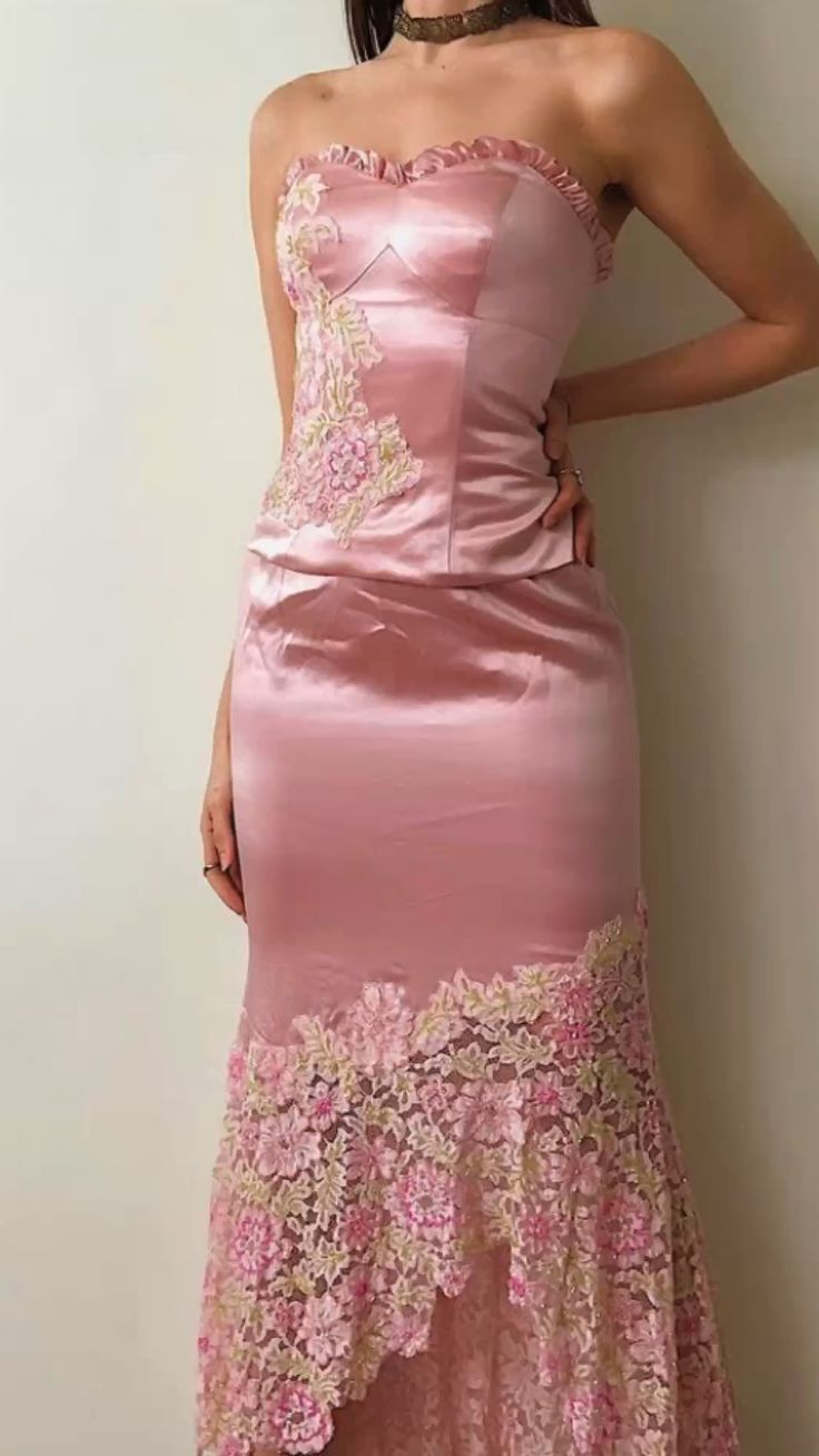 Pretty Sweetheart Neck Pink Satin Lace Appliques Mermaid Evening Dress Formal Wedding Guest Dress Two Piece SP468