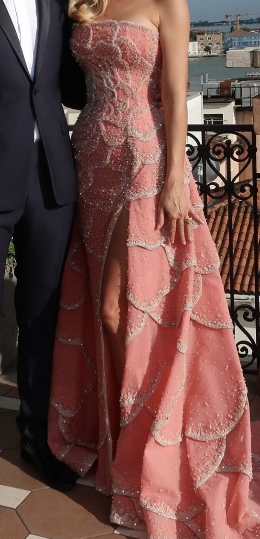 Gorgeous Pink Strapless Satin Sequin Beaded Mermaid Slit Long Prom Dress Formal Party Gown SP502