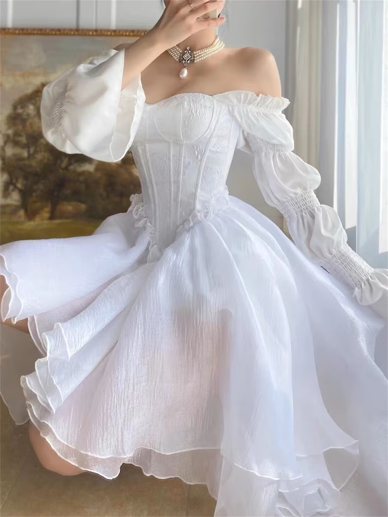 French White Tea Break Dress, Tulle Prom Dress Fairy Dress For Women, Victorian Dress, Graduation Dress, Beach Dress Y1938