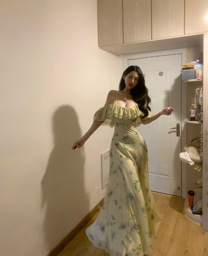 Beautiful Spaghetti Straps Green Chiffon Printed Floral Mermaid Party Dress Long Prom Gown SP294