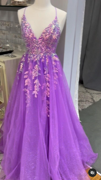 Purple V Neck Tulle Lace Appliques Long Prom Dress, High Slit Evening Dress Y7847