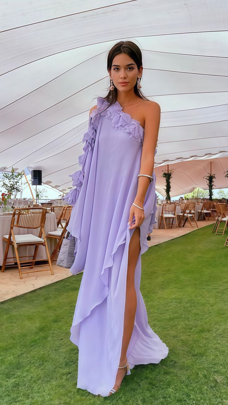 One Shoulder Lilac Chiffon Long Evening Prom Dress Y7904