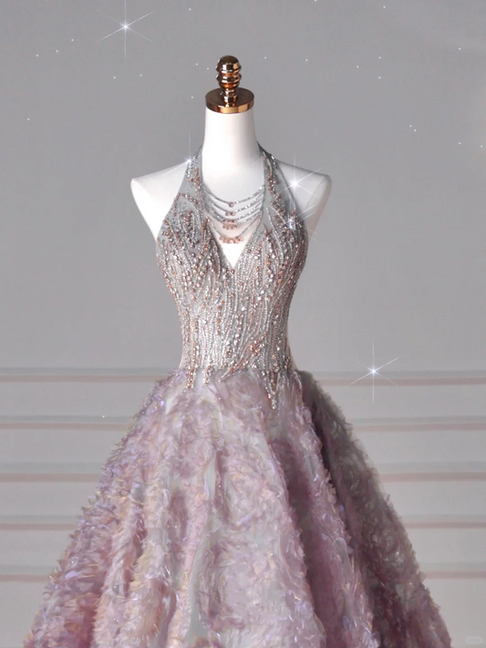 Glamorous Halter Purple Tulle Flowers Beaded A Line Long Wedding Dress Y8625