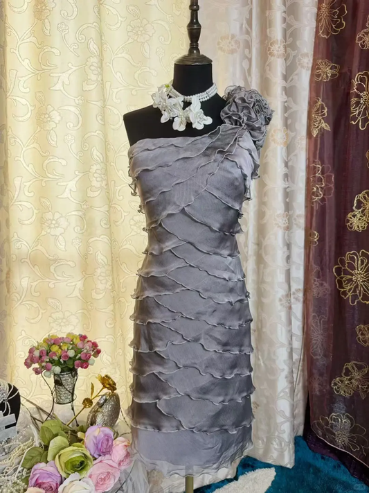 Vintage Silver Gray Chiffon Ruffle Layered Cocktail Dress One Shoulder Formal Graduation Homecoming Dress Y9184