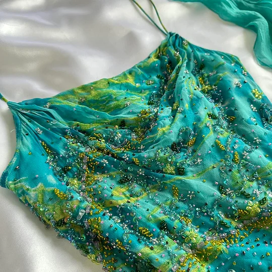 Unique Green Chiffon Beaded Ruffles Long Birthday Party Dress Prom Dress Y9741